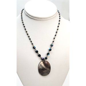Abalone and Glass Blue Grey Silver Beaded Vintage Necklace 16" LI315